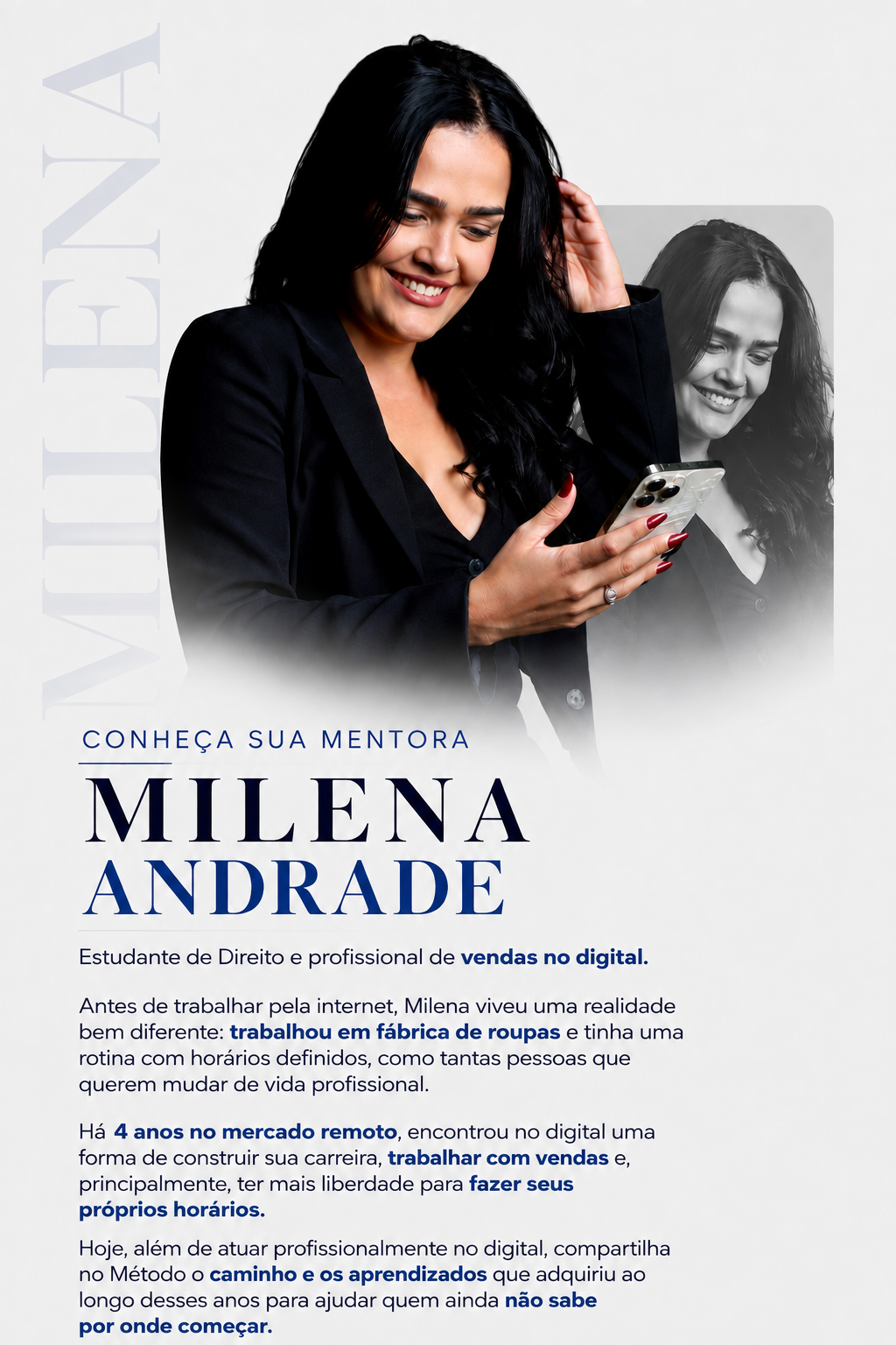 Conheça sua mentora Milena Andrade: estudante de Direito e profissional de vendas no digital, há 4 anos no mercado remoto.