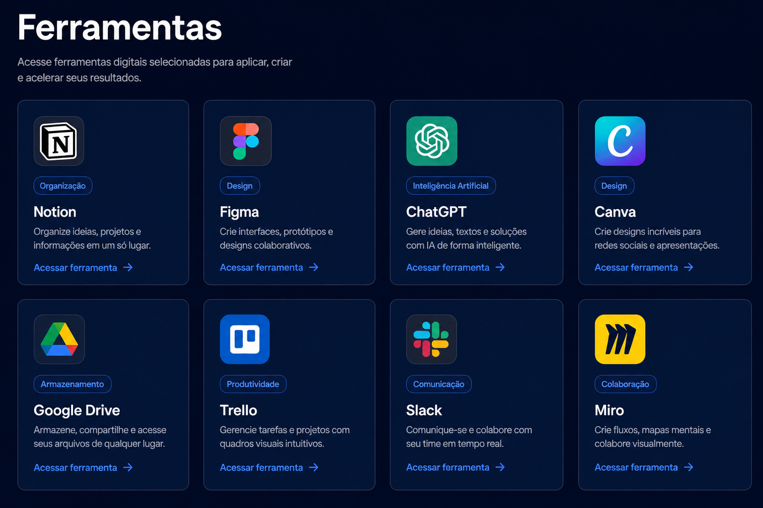 Módulo Ferramentas dentro da plataforma