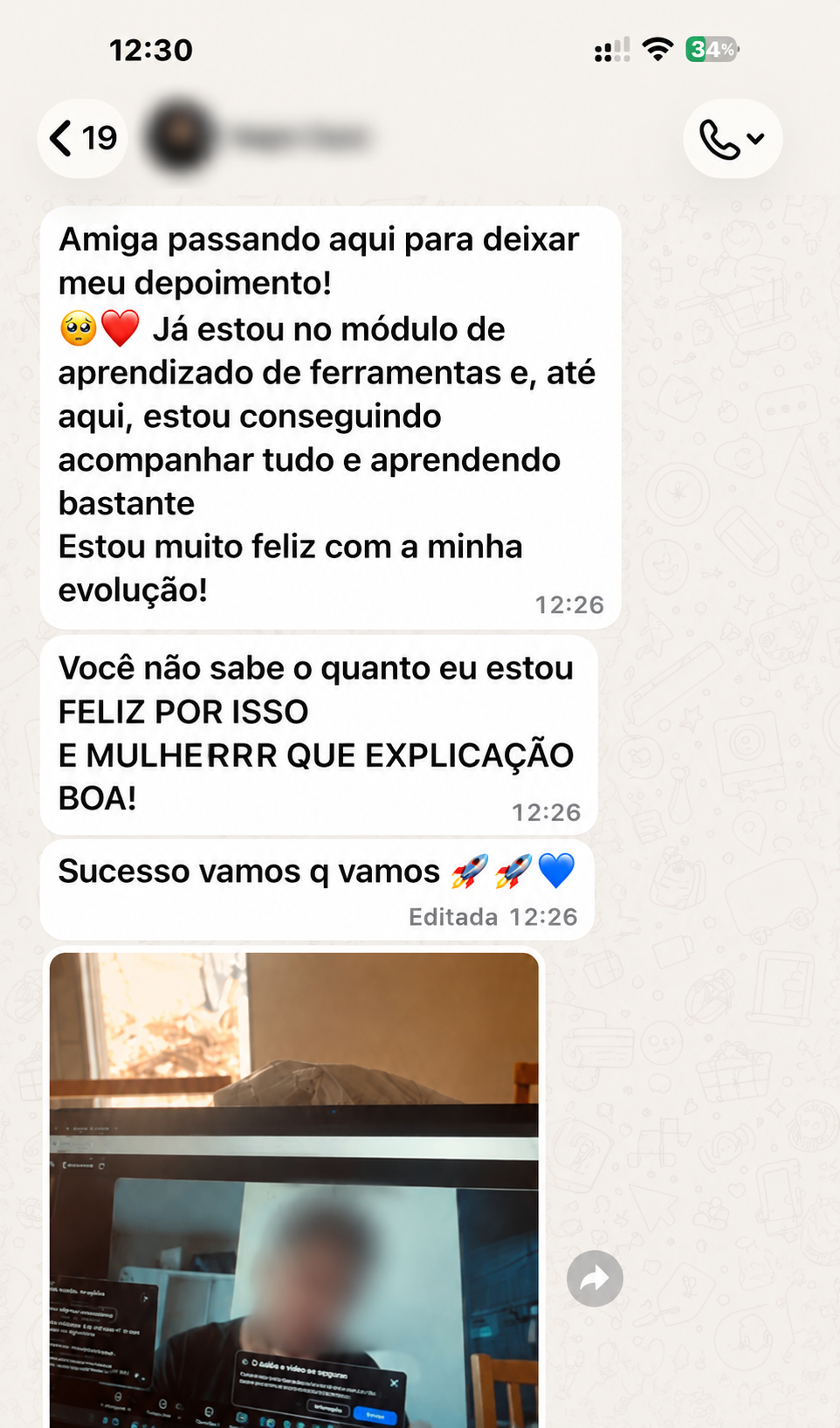 Print de conversa no WhatsApp com aluna 1